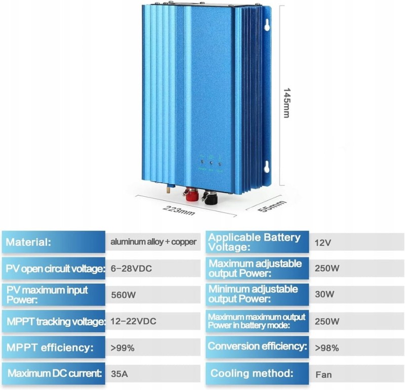 Inwerter solarny, Falownik DeWin 500W MPPT – do paneli PV, 12V DC / 220V AC
