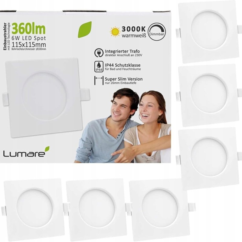 Oczko sufitowe LED do zabudowy, 6 szt. 6 W 360 lm, kwadratowe- Lumare