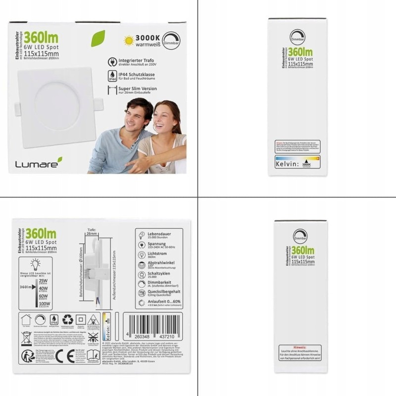 Oczko sufitowe LED do zabudowy, 6 szt. 6 W 360 lm, kwadratowe- Lumare