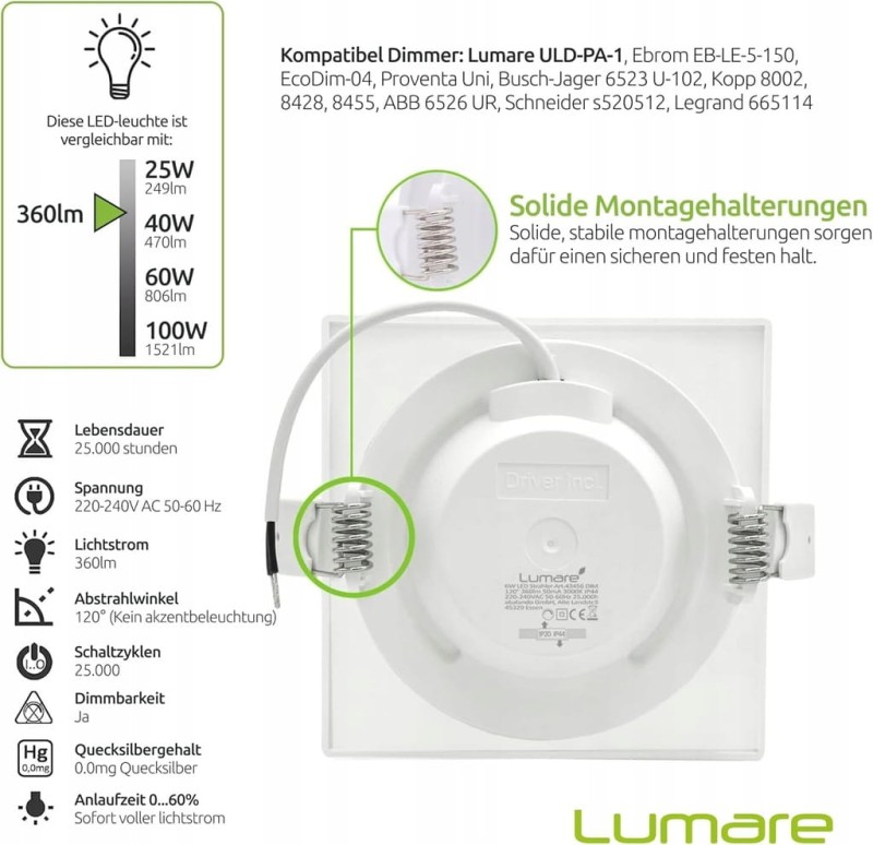 Oczko sufitowe LED do zabudowy, 6 szt. 6 W 360 lm, kwadratowe- Lumare