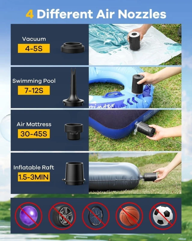Akumulatorowa pompka powietrza do materacy, z latarką, 4 końcówki, 6500 Pa