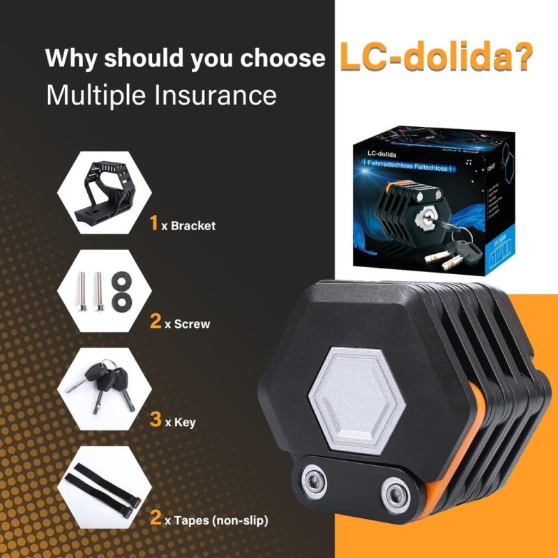 Składana blokada rowerowa ze stali stopowej, 85 cm, z uchwytem, LC-Dolida