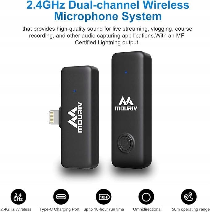 MOURIV MiniMic DI – bezprzewodowy mikrofon krawatowy do iPhone 2.4 GHz 50 m
