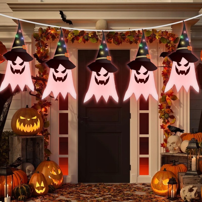 Abnaok Zestaw 5 wiszących duchów LED – dekoracja Halloween