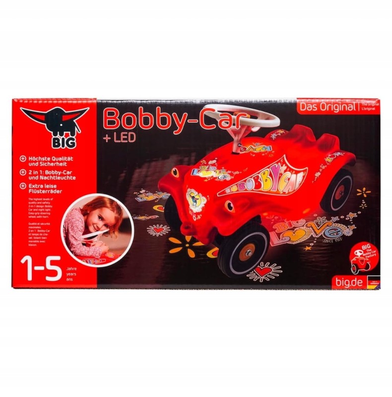 BIG Bobby Car LED z 4 trybami światła + szept ciche koła + naklejki retro