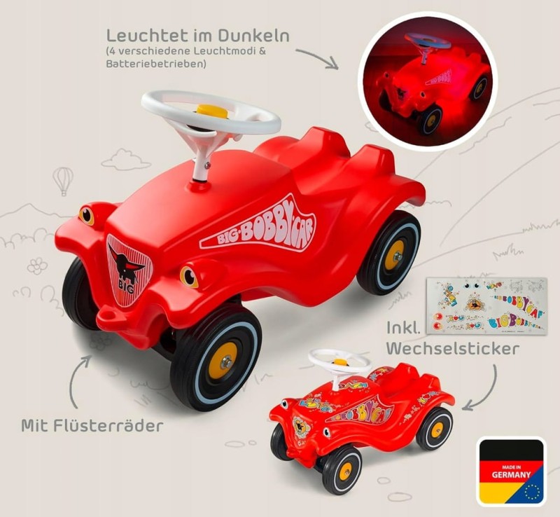 BIG Bobby Car LED z 4 trybami światła + szept ciche koła + naklejki retro