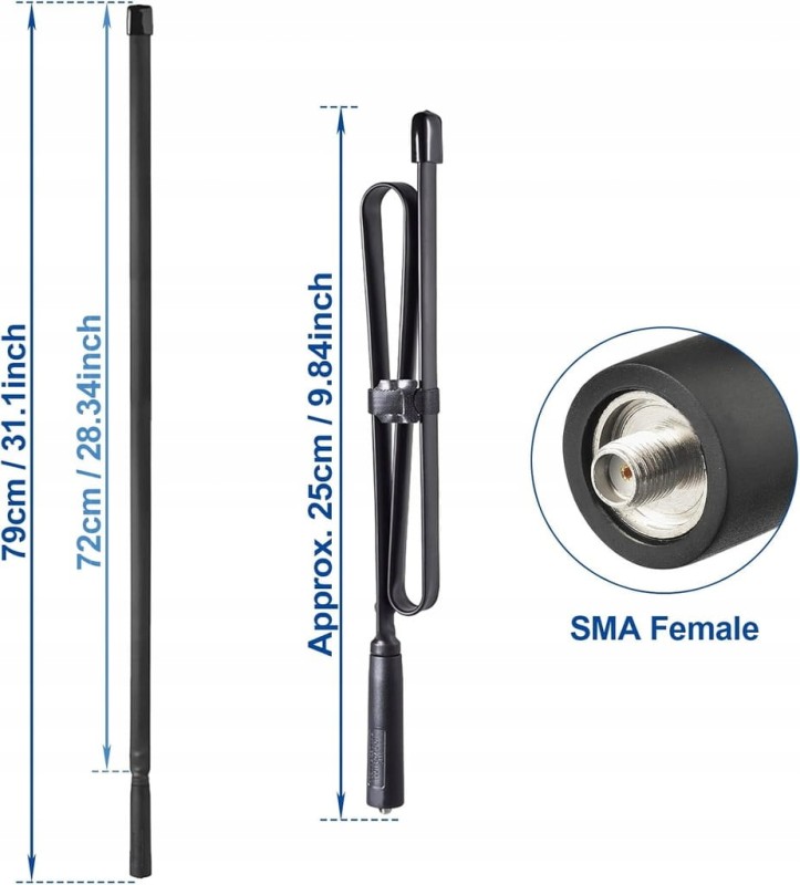 Bingfu Dwuzakresowa antena VHF/UHF 136–520 MHz 28 cali składana, SMA żeńska