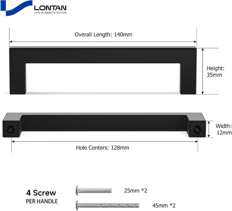 LONTAN 2x Uchwyty do szafek kuchennych 140 mm, rozstaw 128 mm – czarne