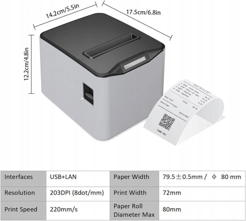 Bisofice drukarka termiczna 80 mm POS USB LAN 220 mm/s do etykiet paragonów