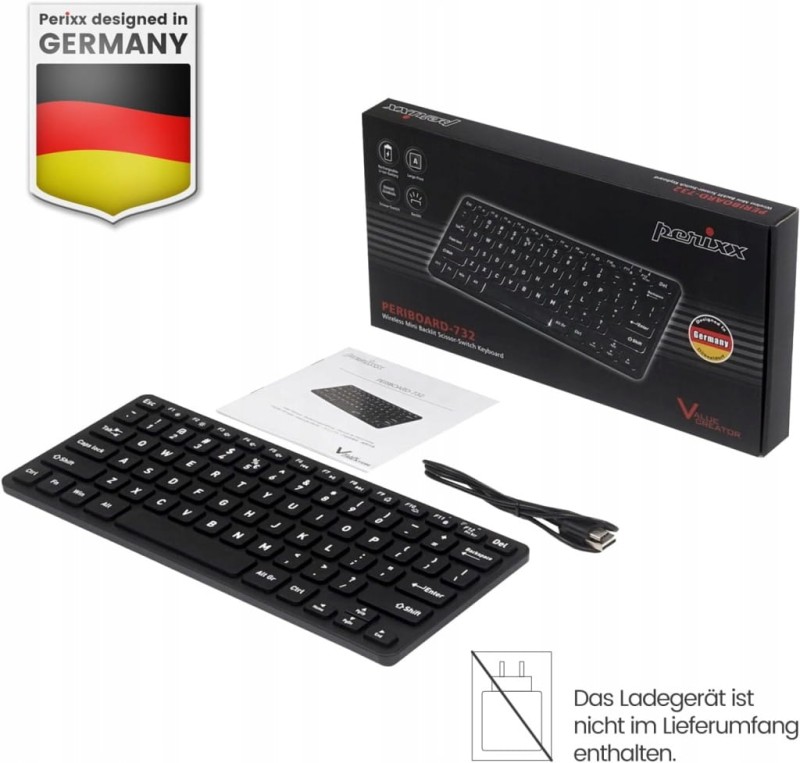Perixx PERIBOARD-732B bezprzewodowa mini klawiatura podświetlana- QWERTZ