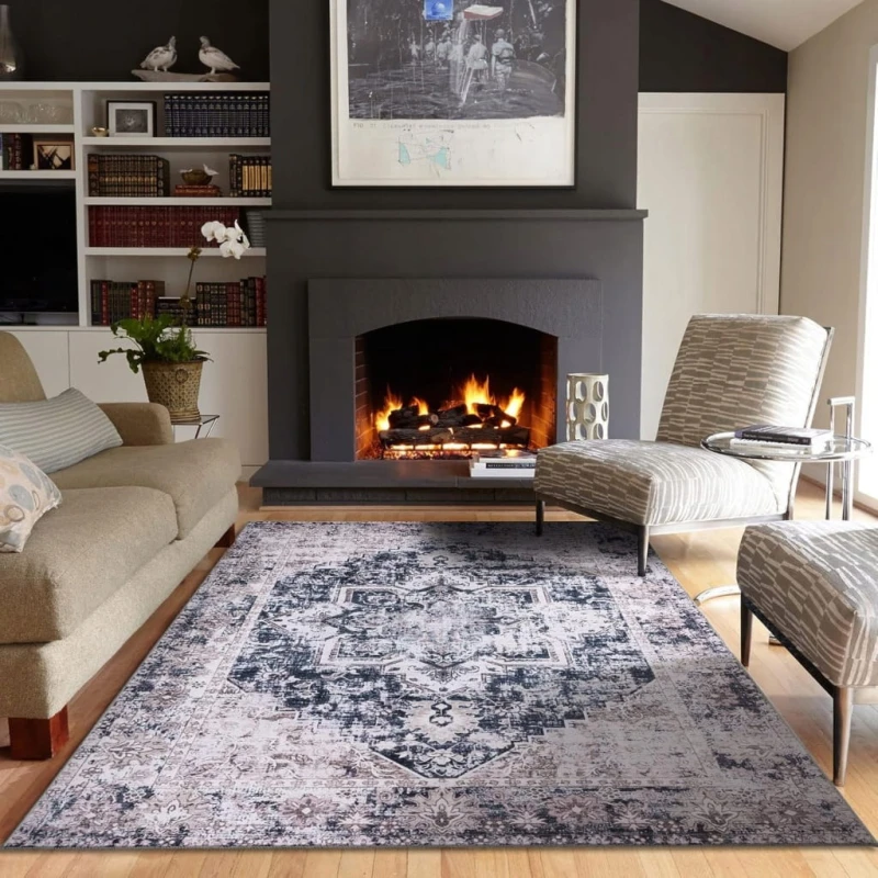 Dywan vintage 170x120 cm beżowo-niebieski antypoślizgowy- Taleta