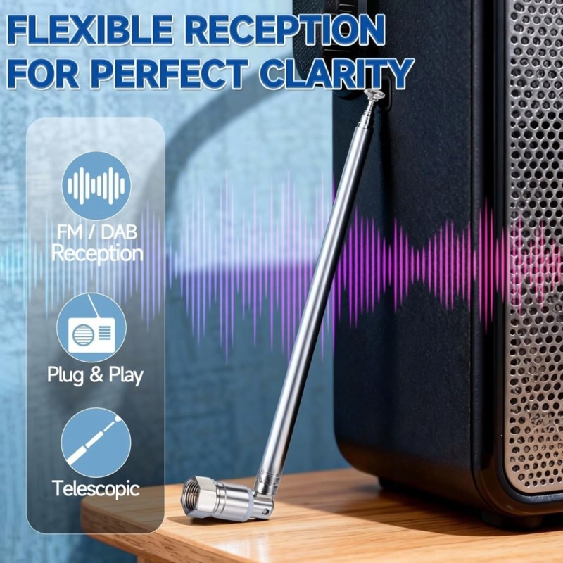 Antena DAB FM teleskopowa 75 Ohm Bingfu + adaptery