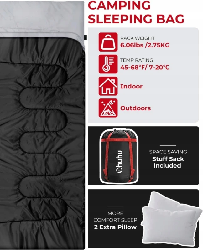 Ohuhu Podwójny Śpiwór 2 Osobowy Queen Size z Poduszkami