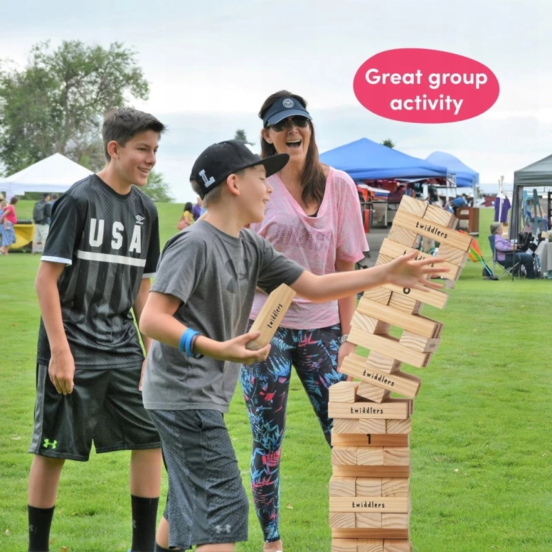 The Twiddlers drewniana wieża Jenga XXL 64 klocki 1,2 m torba transportowa