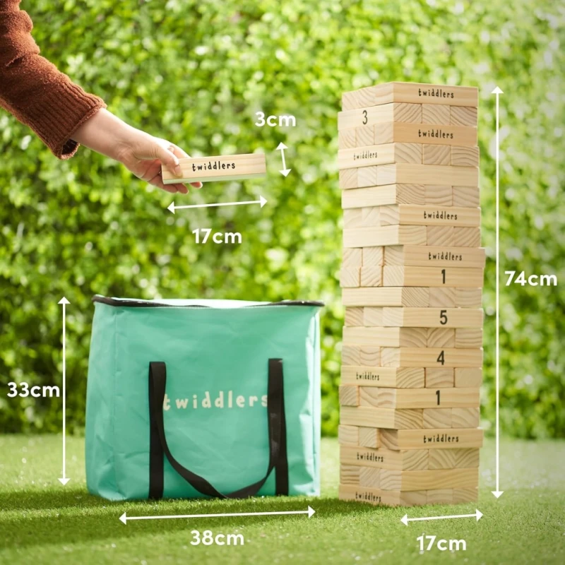 The Twiddlers drewniana wieża Jenga XXL 64 klocki 1,2 m torba transportowa