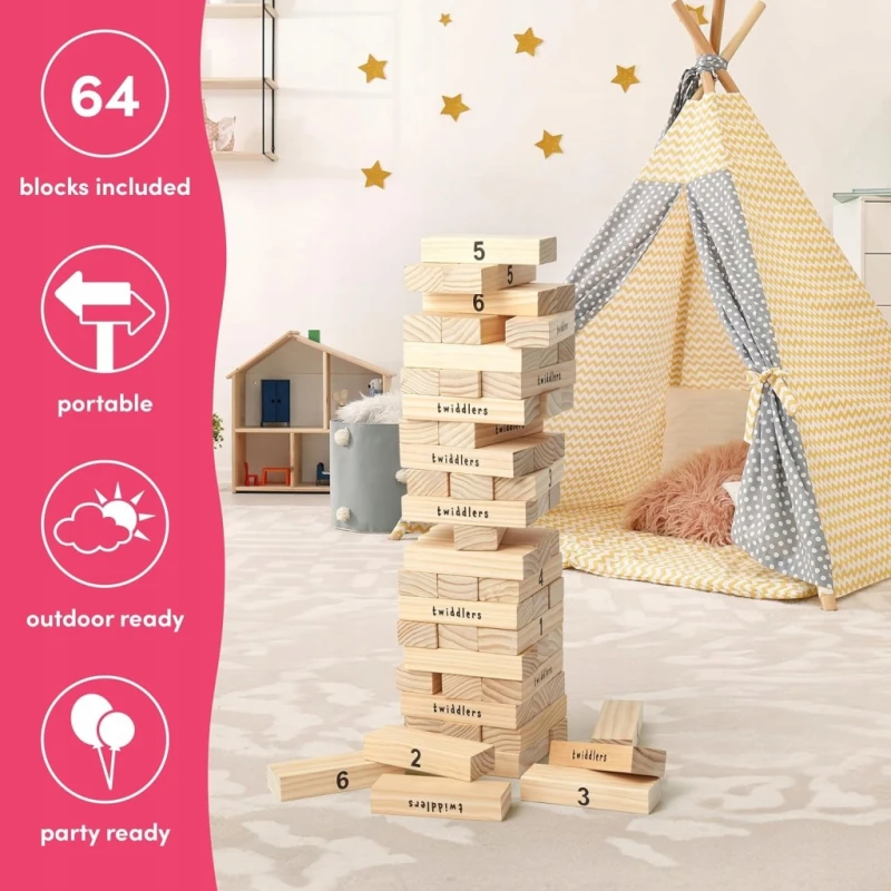 The Twiddlers drewniana wieża Jenga XXL 64 klocki 1,2 m torba transportowa