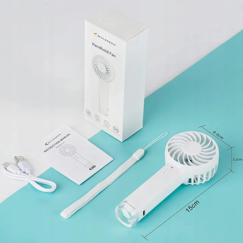 Mycarbon mini wentylator ręczny z lampką, USB przenośny 3 prędkości, biały