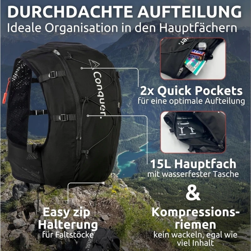 Conquer Kamizelka do biegania 15L ultralekka 330 g, r. XL z kieszeniami