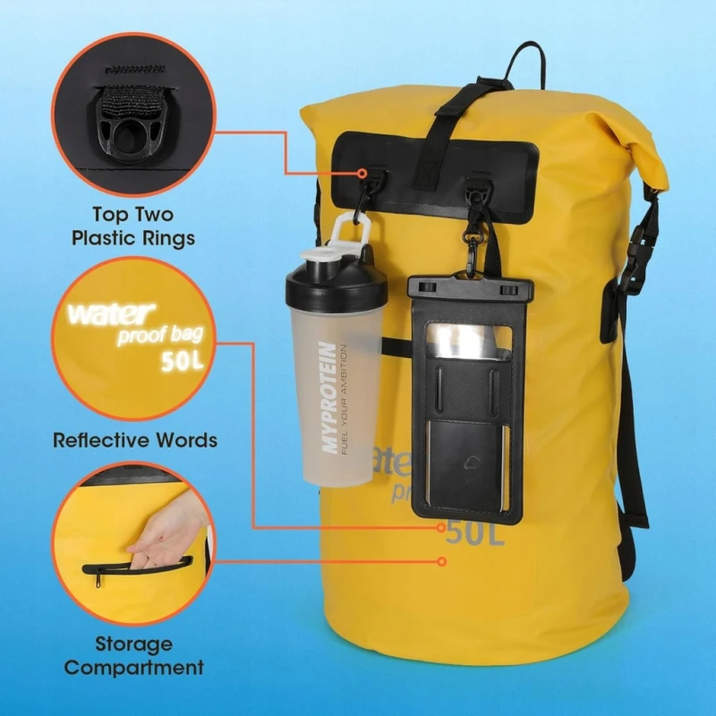 Wodoodporny plecak + etui na telefon, Dry Bag 50L żółty - Weldun