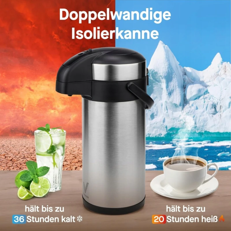 Vondior Airpot Dzbanek z pompką 5L stal nierdzewna, ciepłe i zimne napoje