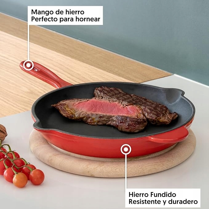 Żeliwna Patelnia Skillet Emaliowana 24 cm, nieprzywierająca, Pomarańczowa