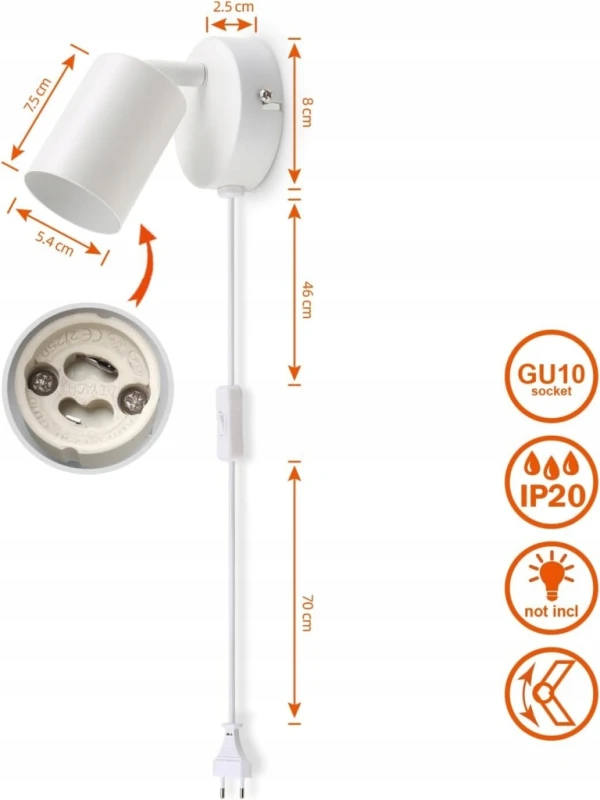 DA Light Kinkiet ścienny LED GU10 z wtyczką biały, regulowany