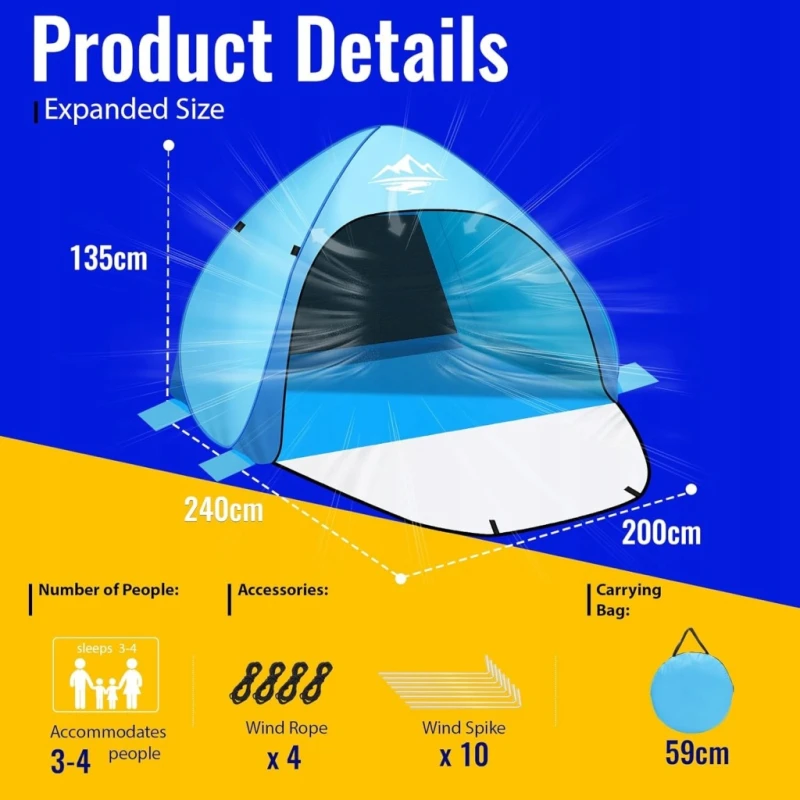 Purebox Namiot plażowy Pop-Up, ochrona UV50+ 2-4 osoby