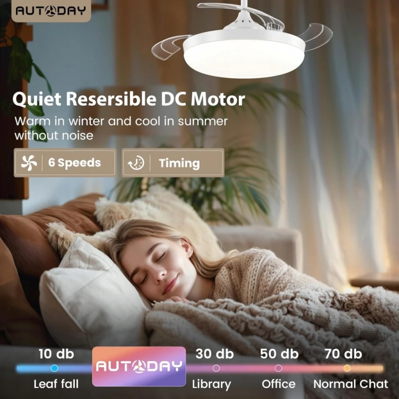 Autoday- Wentylator Sufitowy LED 36W z Pilotem i Składanymi Łopatkami