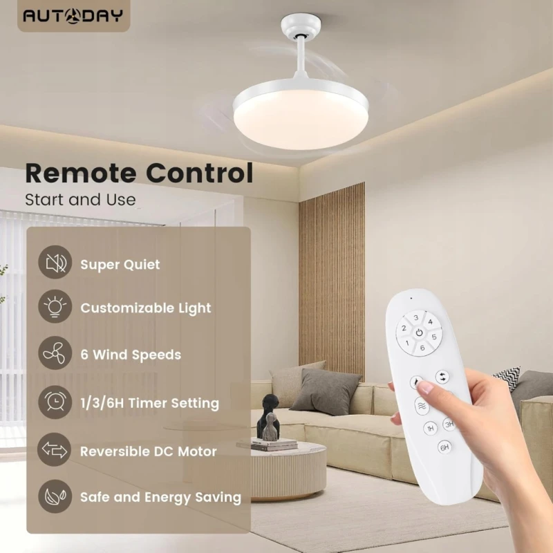 Autoday- Wentylator Sufitowy LED 36W z Pilotem i Składanymi Łopatkami