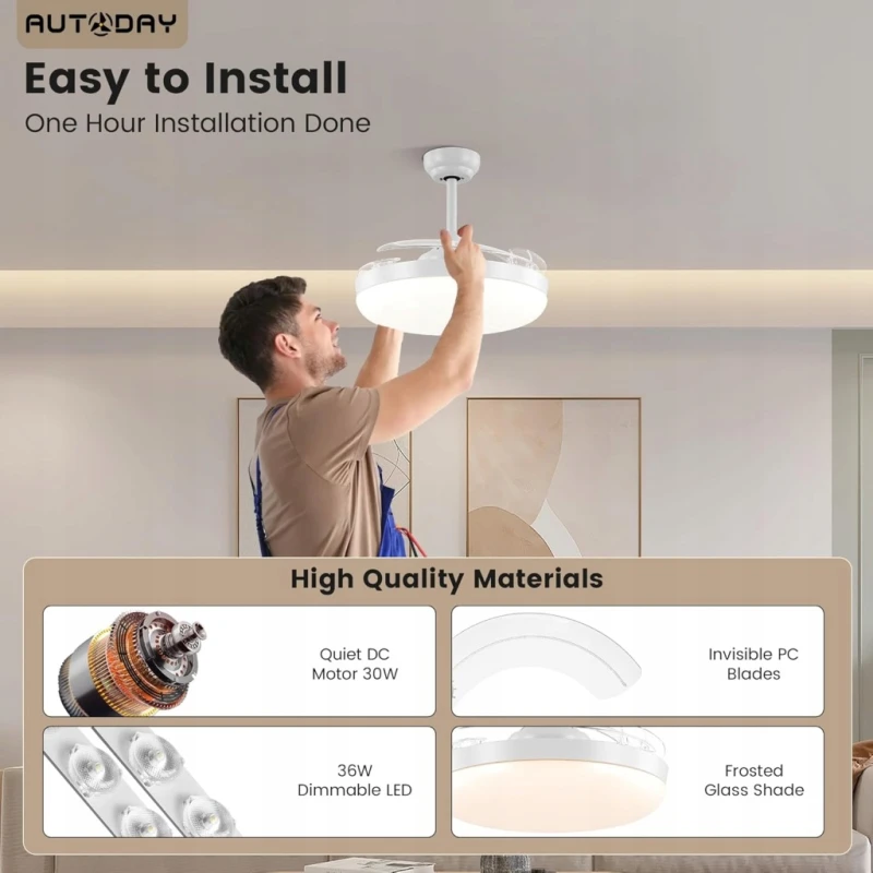 Autoday- Wentylator Sufitowy LED 36W z Pilotem i Składanymi Łopatkami