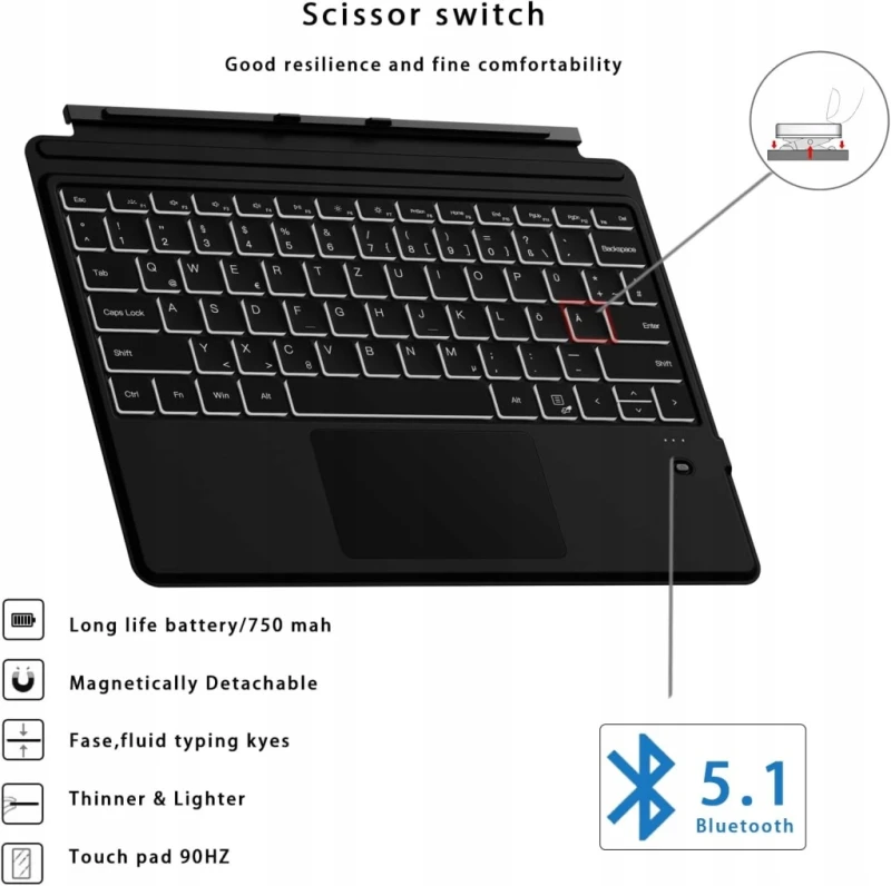 Klawiatura Bluetooth do Surface Pro 8 Pro 9 Pro X - Roofei, Układ QWERTZ