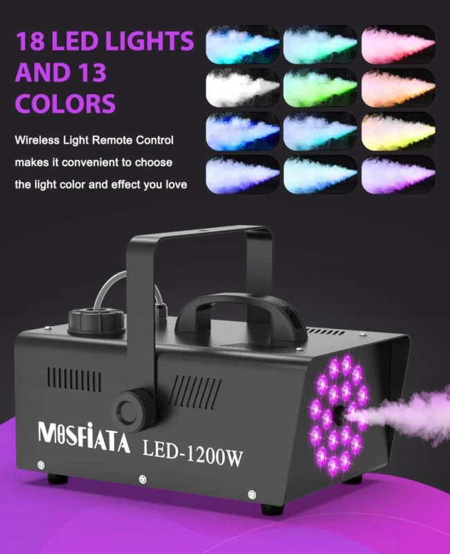 Wytwornica mgły 1200 W z 18 diodami LED RGB i pilotem, 1L - Mosfiata