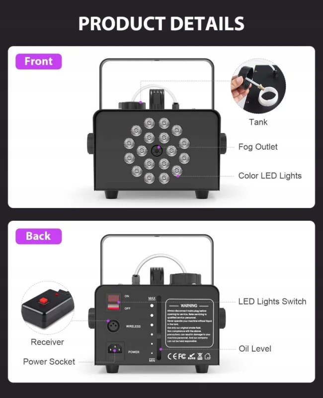Wytwornica mgły 1200 W z 18 diodami LED RGB i pilotem, 1L - Mosfiata
