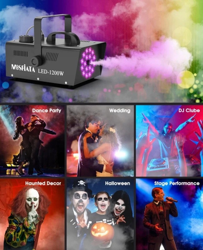 Wytwornica mgły 1200 W z 18 diodami LED RGB i pilotem, 1L - Mosfiata