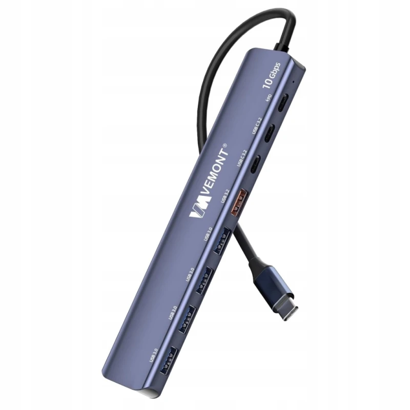 Hub USB-C VEMONT 7w1 10 Gbps z ładowaniem PD 100 W, koncentrator USB