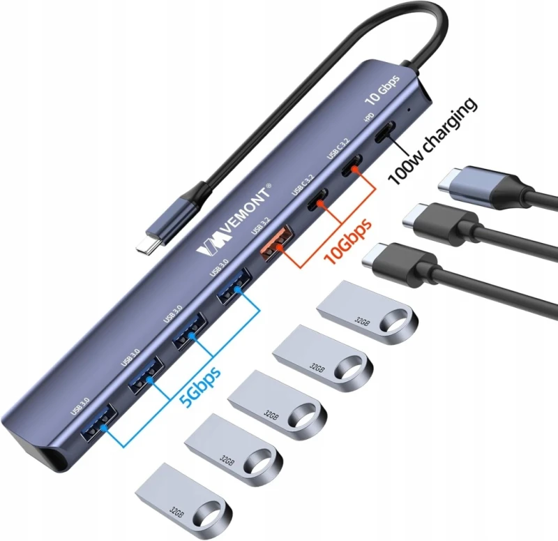 Hub USB-C VEMONT 7w1 10 Gbps z ładowaniem PD 100 W, koncentrator USB