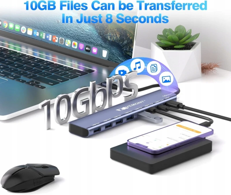 Hub USB-C VEMONT 7w1 10 Gbps z ładowaniem PD 100 W, koncentrator USB