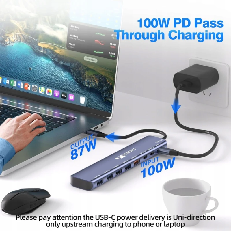 Hub USB-C VEMONT 7w1 10 Gbps z ładowaniem PD 100 W, koncentrator USB