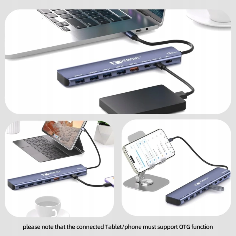 Hub USB-C VEMONT 7w1 10 Gbps z ładowaniem PD 100 W, koncentrator USB