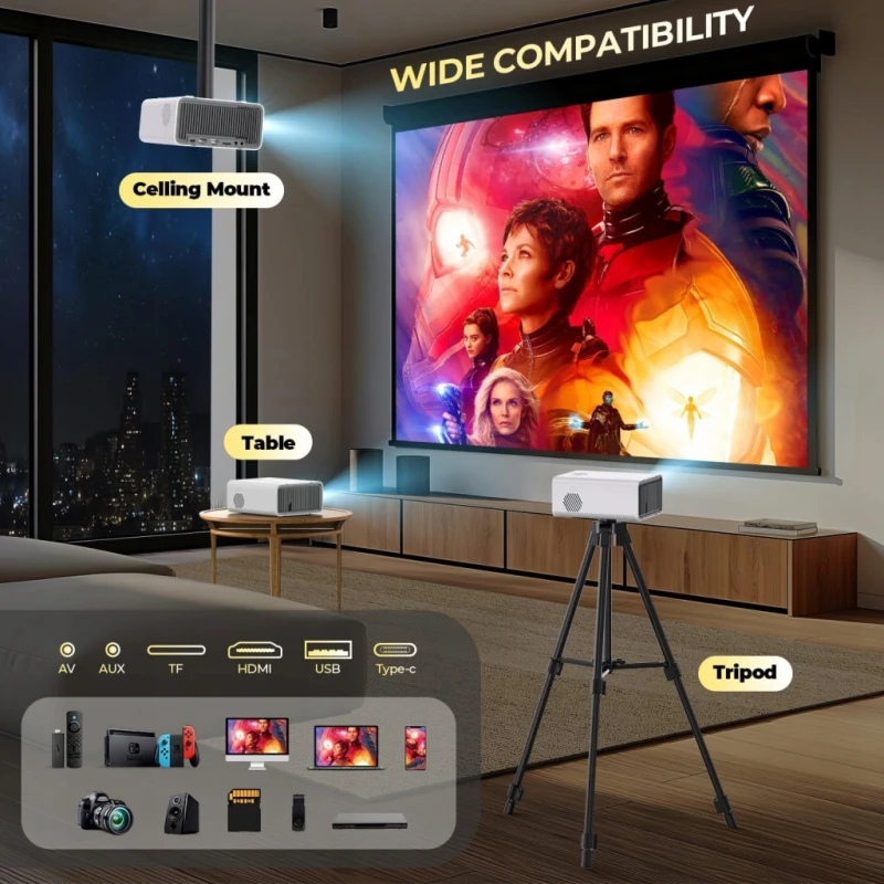 Miniprojektor YUZINO Full HD WiFi Bluetooth z elektrycznym fokusem