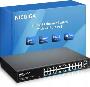 Przełącznik PoE 24-portowy Nicgiga 320W z 2 portami Gigabit