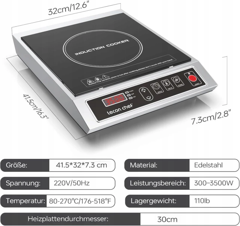 Płyta indukcyjna Lecon Chef 3500W timer 24h, 10 poziomów mocy i temperatury
