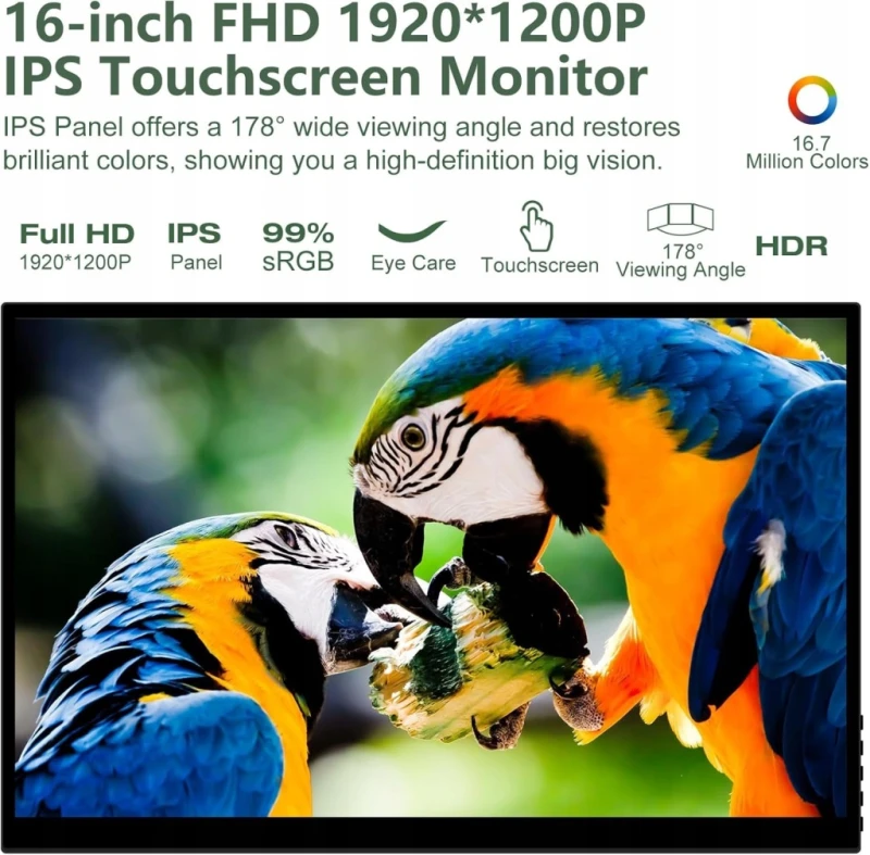 Przenośny monitor dotykowy 16 cali Full HD IPS USB-C HDMI