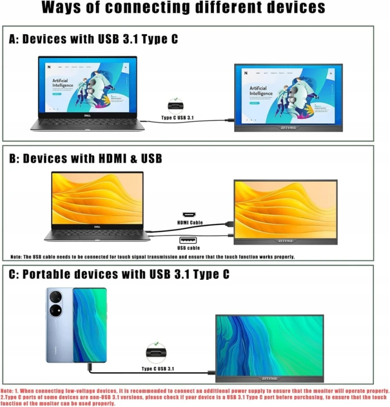 Przenośny monitor dotykowy 16 cali Full HD IPS USB-C HDMI