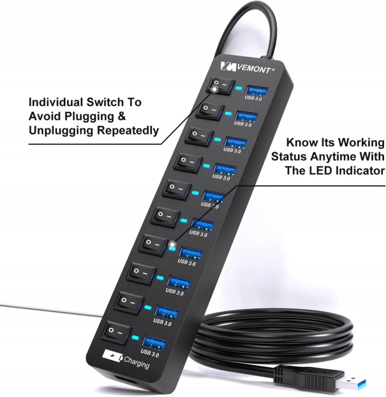 Vemont Koncentrator USB 3.0 11-portowy z zasilaczem 12V/3A