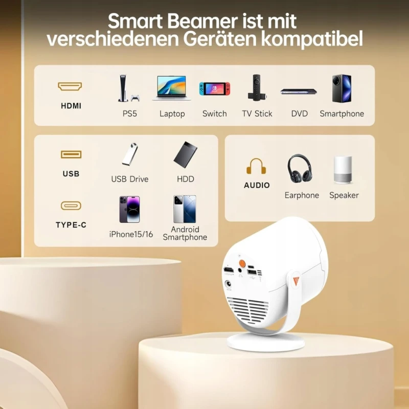 Mini projektor Full HD 1080P WiFi 6 Bluetooth 5.4 z obrotem 180- ITJQ