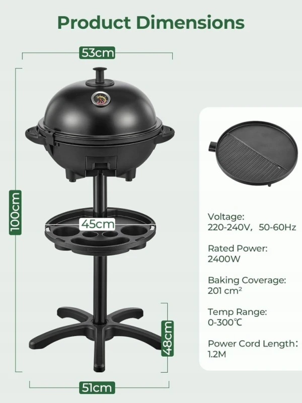 Fohere grill elektryczny 2400 W XXL stojący i stołowy z termometrem