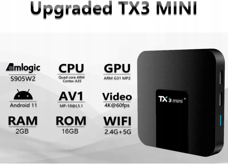 TX3 Mini+ Android TV Box 11 2 GB RAM 16 GB Wi-Fi 5G 4K HDR H.265