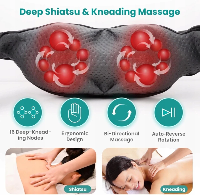 Nekteck masażer Shiatsu szyi i pleców z ciepłem 16 głowic 3D