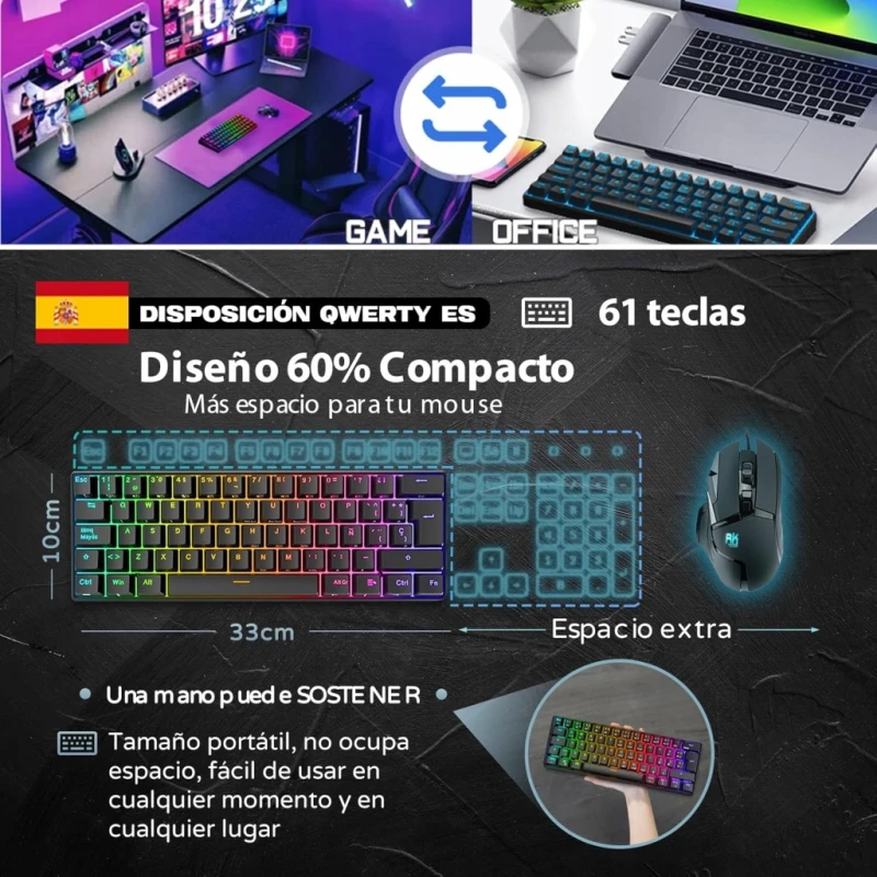 RK Royal Kludge RK61 klawiatura mechaniczna 60% RGB układ hiszpański qwerty